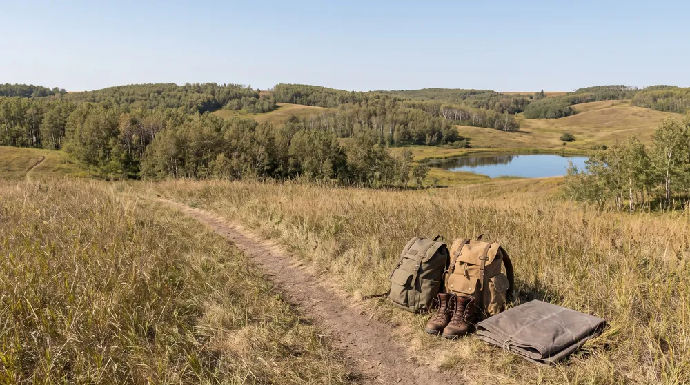 Trail through tall grass toward aspen hills and a lake