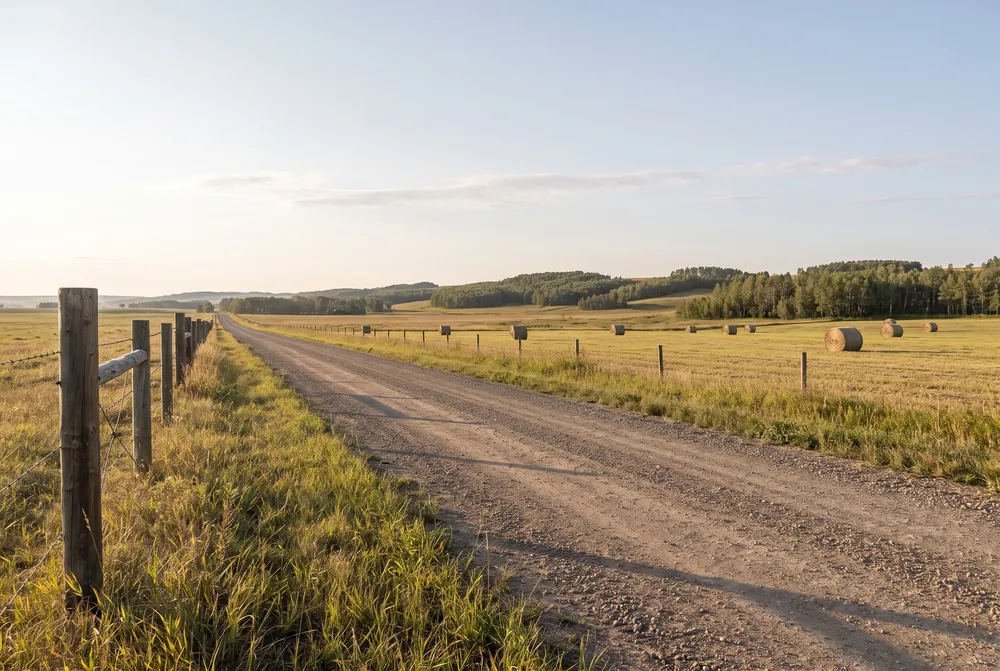 Gravel road past hay bales toward the Moose Mountain hills