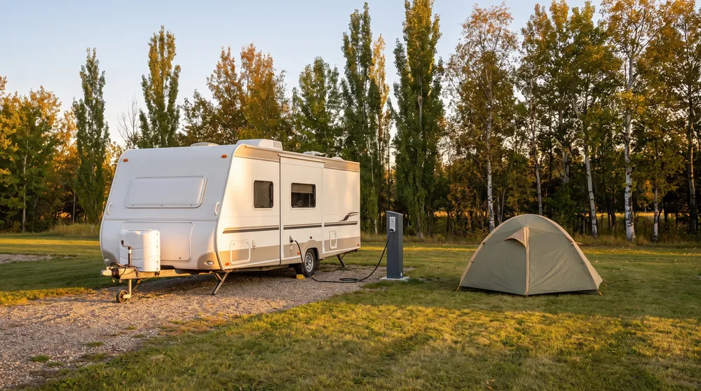 Travel trailer at a power post, a small tent nearby